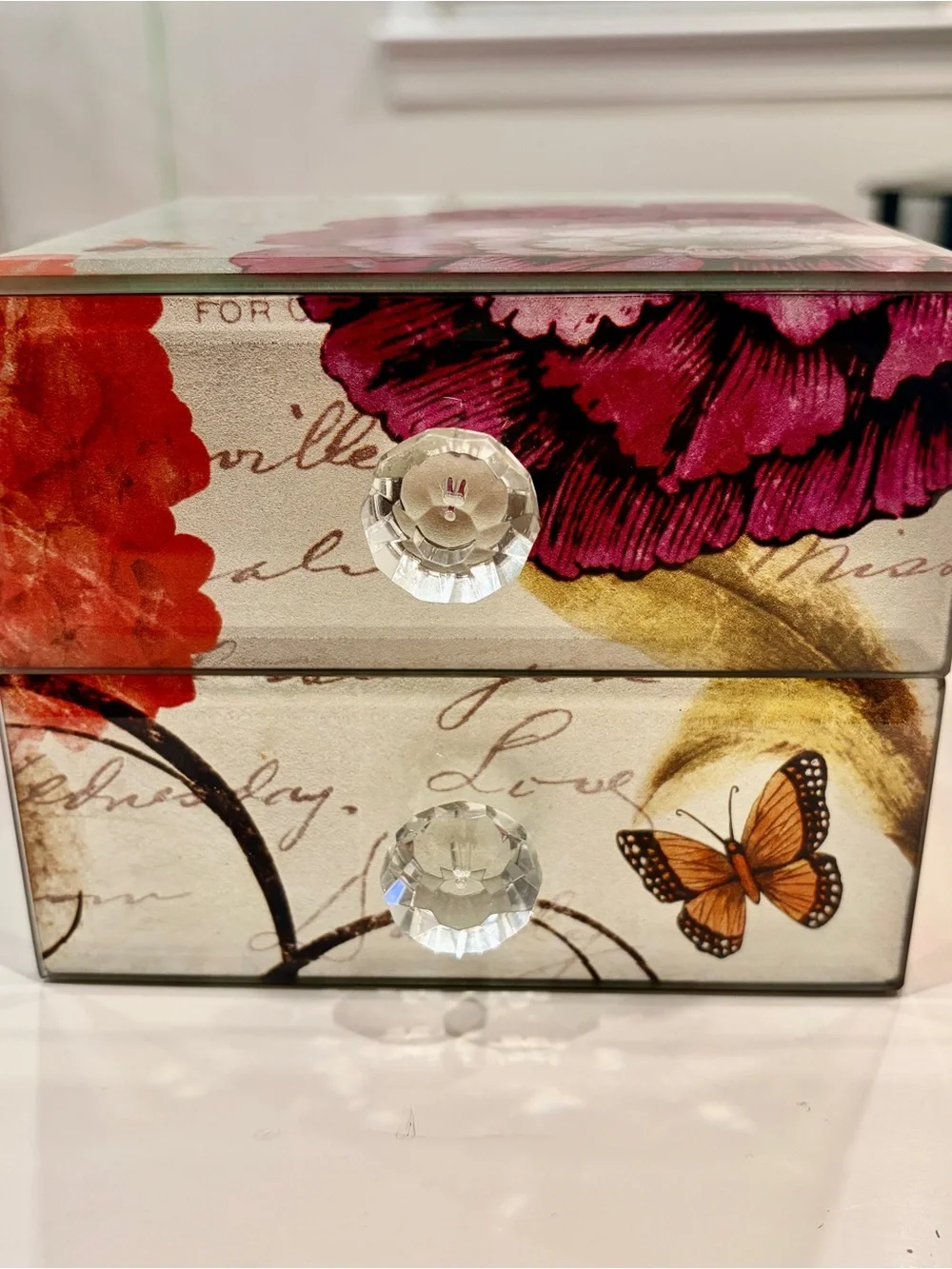 Decorative Floral Butterfly Two-Drawer Jewelry Box - Pink & Orange 6 x 4.5”